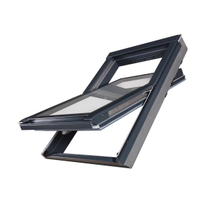 Okno PVC okleina grafitowa trzyszybowe FAKRO PTP-V U41 w kolorze czarnym RAL 9005